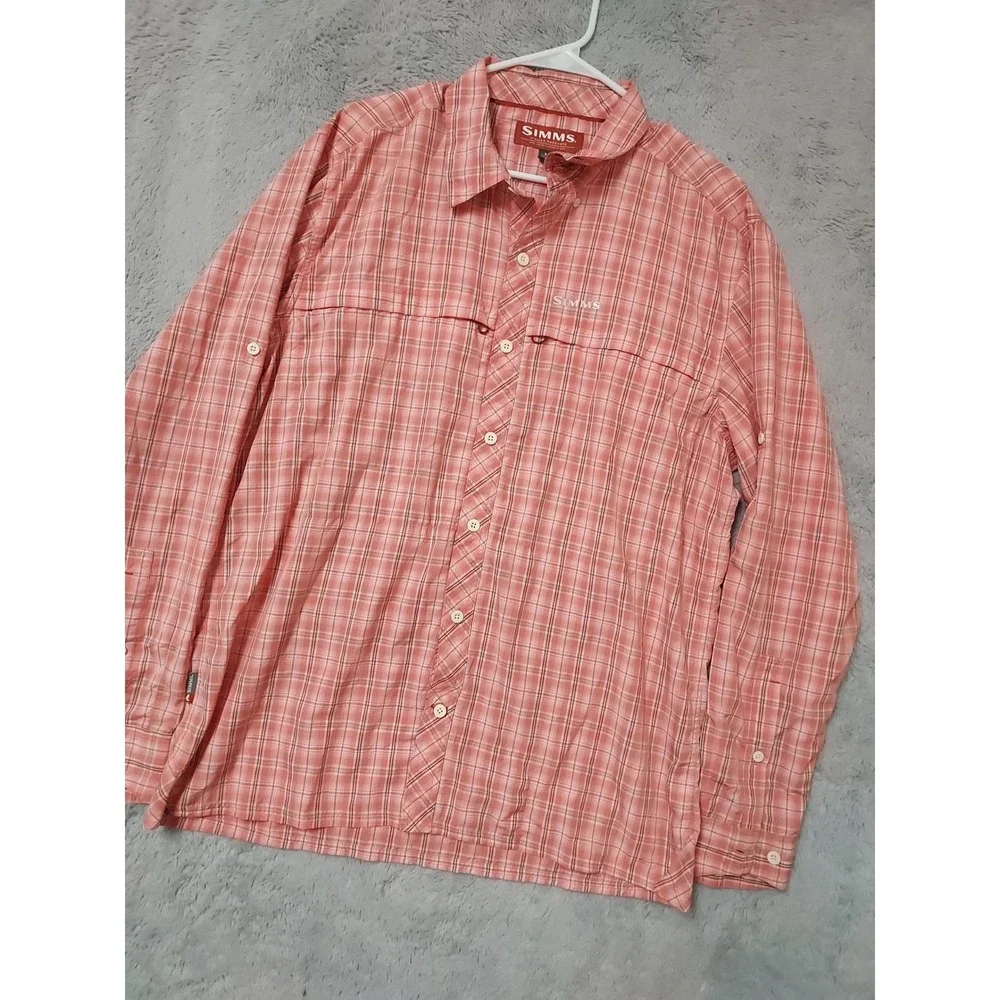 Simms Shirt Mens Large Fishing Plaid Long Sleeve Nylon Blend Pink Zip Pocket EUC